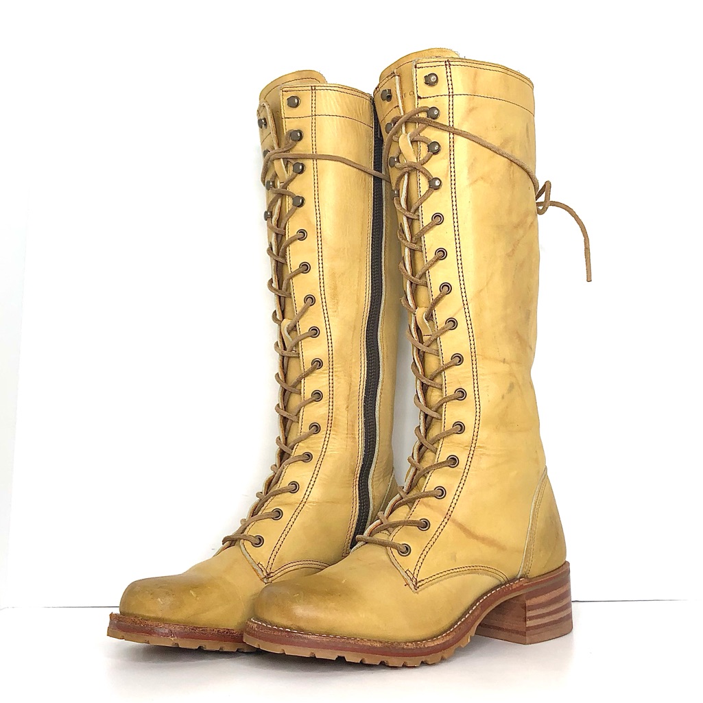 Frye Campus Lug Lace Banana Yellow Knee High Square Toe Boots Women’s 7 Shoes